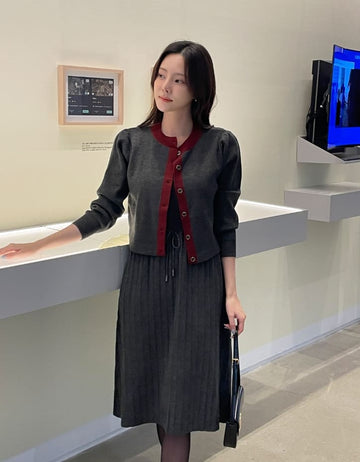 Madeu Color Matching Cardigan Rib Knit One Piece Set